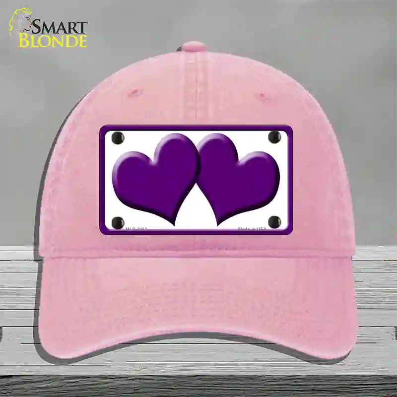 Solid Purple Centered Hearts White Novelty License Plate Hat Unconstructed Cotton / Pink