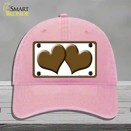 Solid Brown Centered Hearts White Novelty License Plate Hat Unconstructed Cotton / Pink