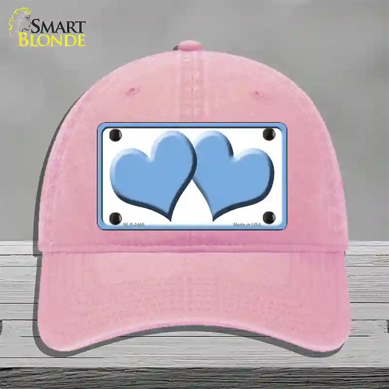 Solid Light Blue Centered Hearts White Novelty License Plate Hat Unconstructed Cotton / Pink