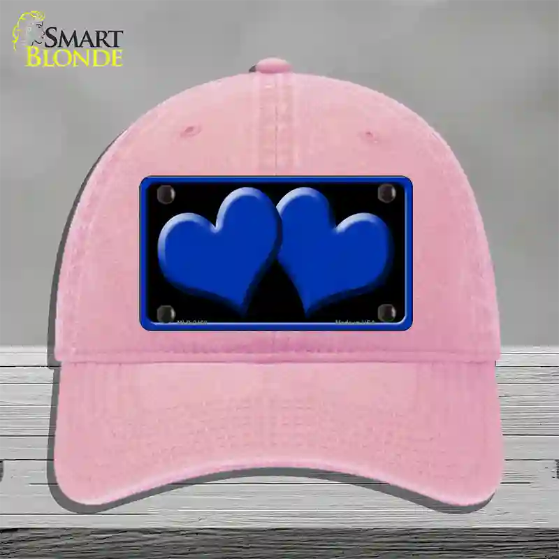 Solid Blue Centered Hearts Black Novelty License Plate Hat Unconstructed Cotton / Pink