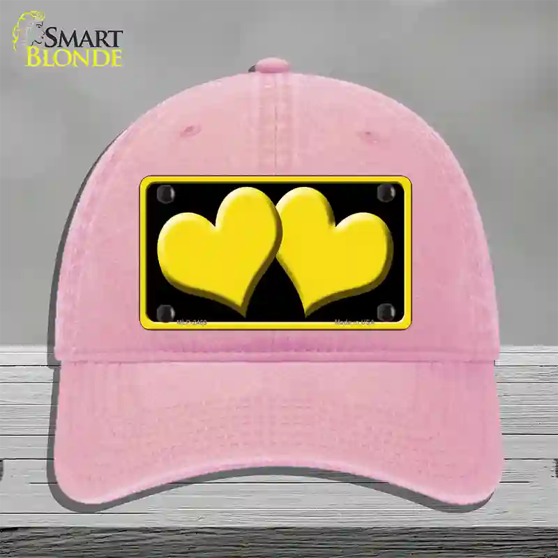 Solid Yellow Centered Hearts Black Novelty License Plate Hat Unconstructed Cotton / Pink