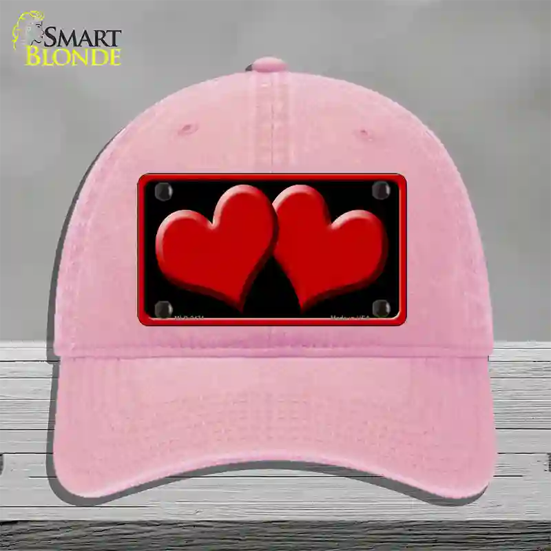 Solid Red Centered Hearts Black Novelty License Plate Hat Unconstructed Cotton / Pink