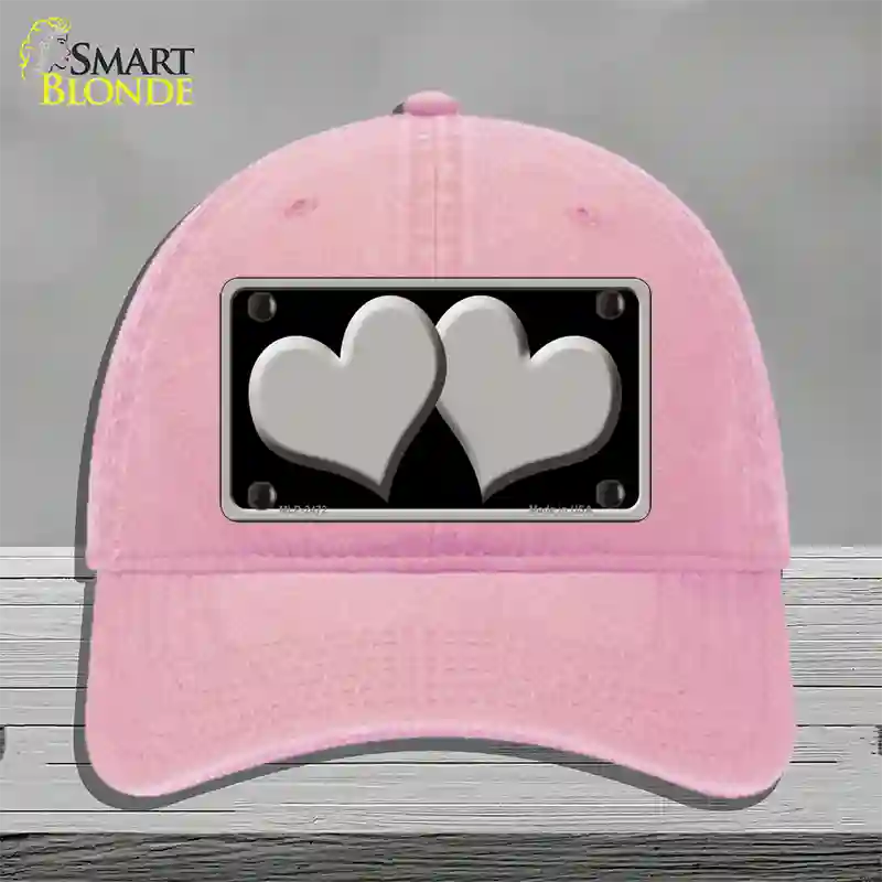 Solid Grey Centered Hearts Black Novelty License Plate Hat Unconstructed Cotton / Pink