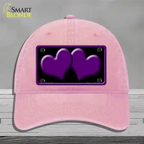 Solid Purple Centered Hearts Black Novelty License Plate Hat Unconstructed Cotton / Pink