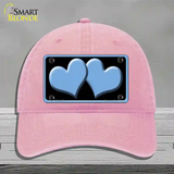 Solid Light Blue Centered Hearts Black Novelty License Plate Hat Unconstructed Cotton / Pink