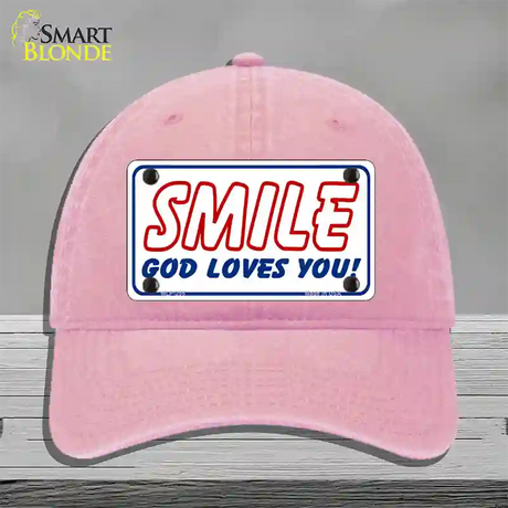 Smile God Loves You Novelty License Plate Hat Unconstructed Cotton / Pink