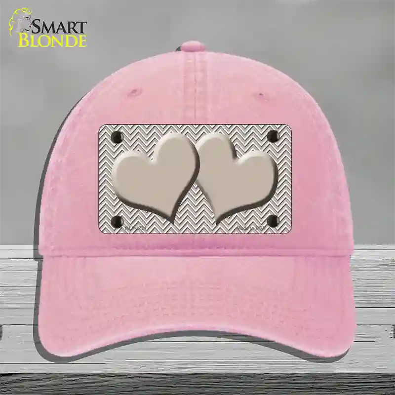 Tan White Chevron Tan Center Hearts Novelty License Plate Hat Unconstructed Cotton / Pink