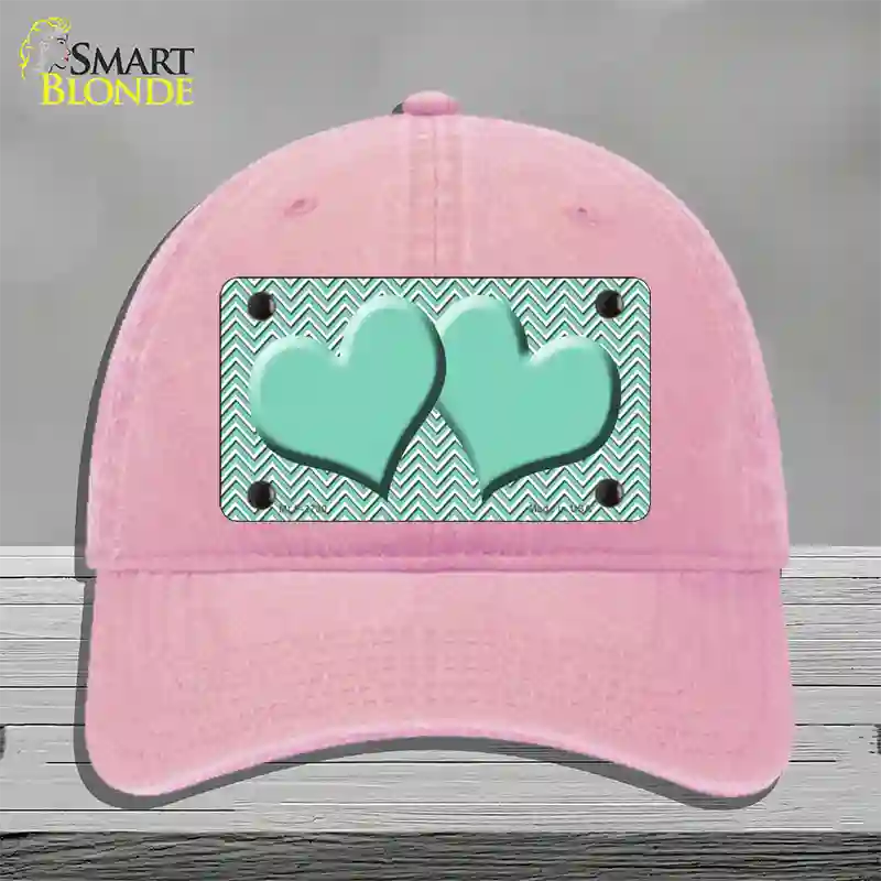 Mint White Chevron Mint Center Hearts Novelty License Plate Hat Unconstructed Cotton / Pink