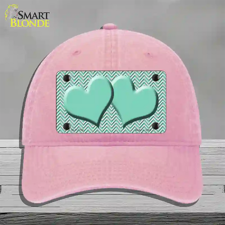 Mint White Chevron Mint Center Hearts Novelty License Plate Hat Unconstructed Cotton / Pink