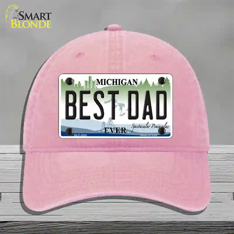 Best Dad Michigan State Novelty License Plate Hat Unconstructed Cotton / Pink