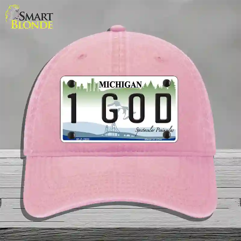 1 GOD Michigan State Novelty License Plate Hat Unconstructed Cotton / Pink