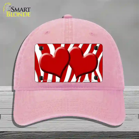 Red White Zebra Red Centered Hearts Novelty License Plate Hat Unconstructed Cotton / Pink