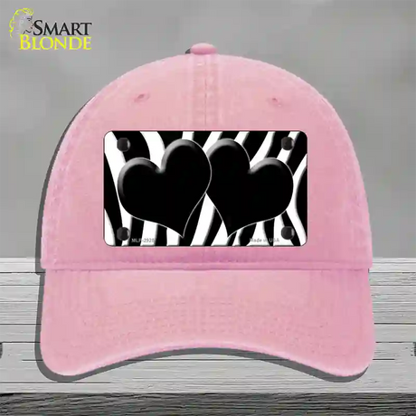 Black White Zebra Black Centered Hearts Novelty License Plate Hat Unconstructed Cotton / Pink