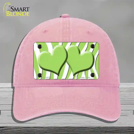 Lime Green White Zebra Lime Green Centered Hearts Novelty License Plate Hat Unconstructed Cotton / Pink