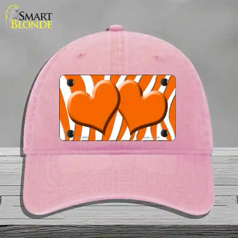 Orange White Zebra Orange Centered Hearts Novelty License Plate Hat Unconstructed Cotton / Pink