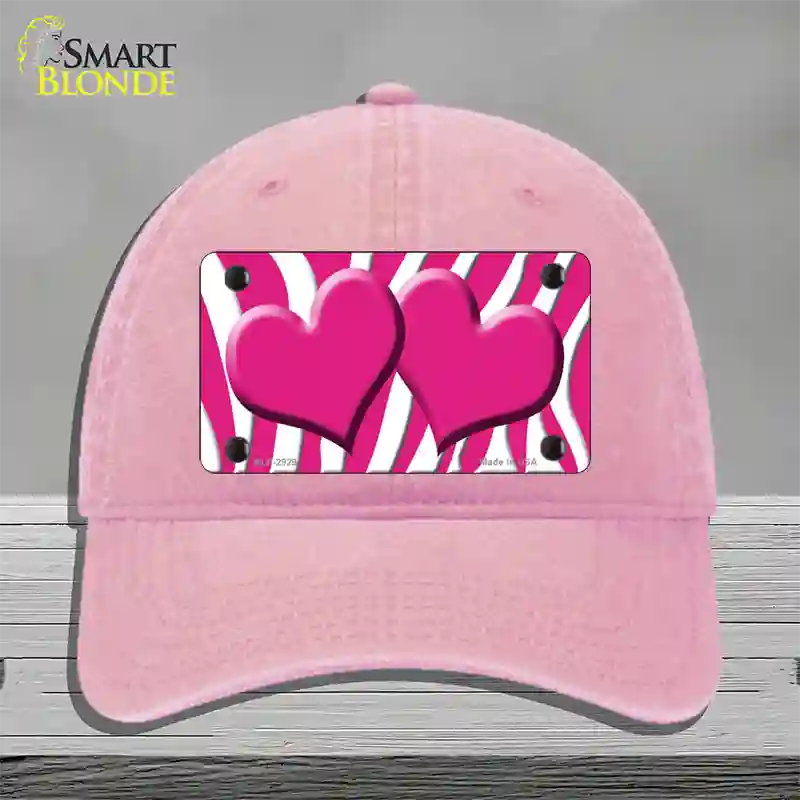 Pink White Zebra Pink Centered Hearts Novelty License Plate Hat Unconstructed Cotton / Pink