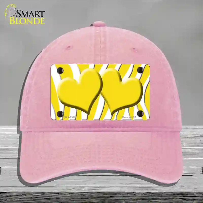 Yellow White Zebra Yellow Centered Hearts Novelty License Plate Hat Unconstructed Cotton / Pink