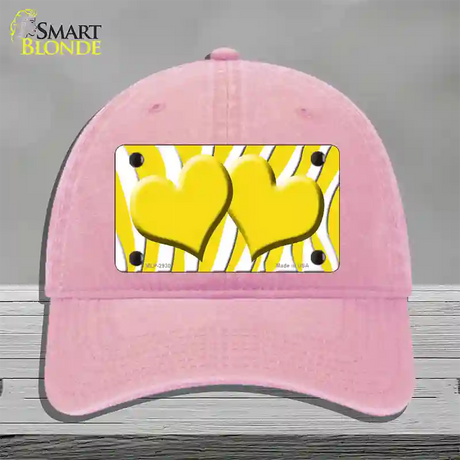 Yellow White Zebra Yellow Centered Hearts Novelty License Plate Hat Unconstructed Cotton / Pink