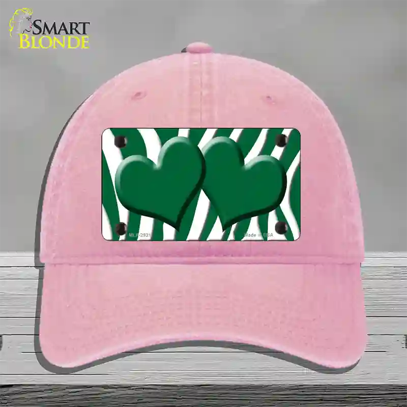 Green White Zebra Green Centered Hearts Novelty License Plate Hat Unconstructed Cotton / Pink