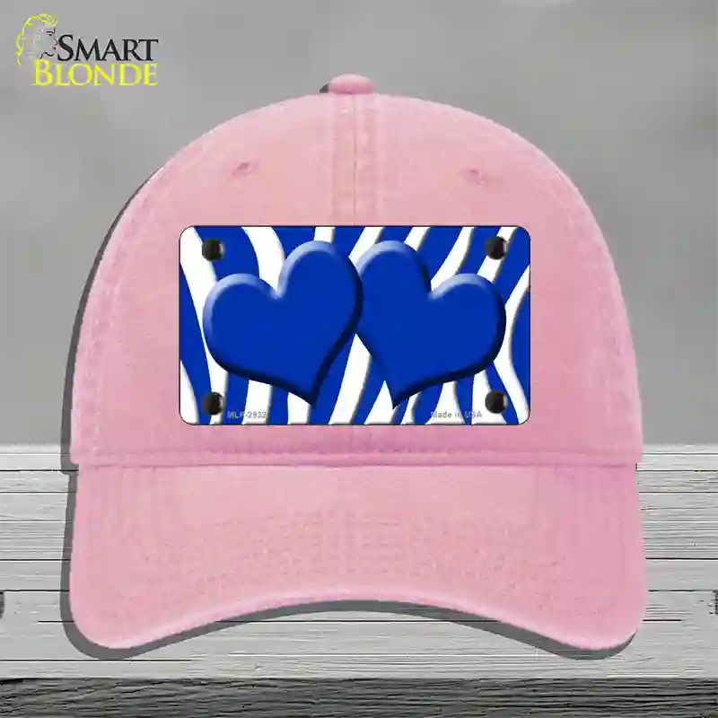 Blue White Zebra Blue Centered Hearts Novelty License Plate Hat Unconstructed Cotton / Pink