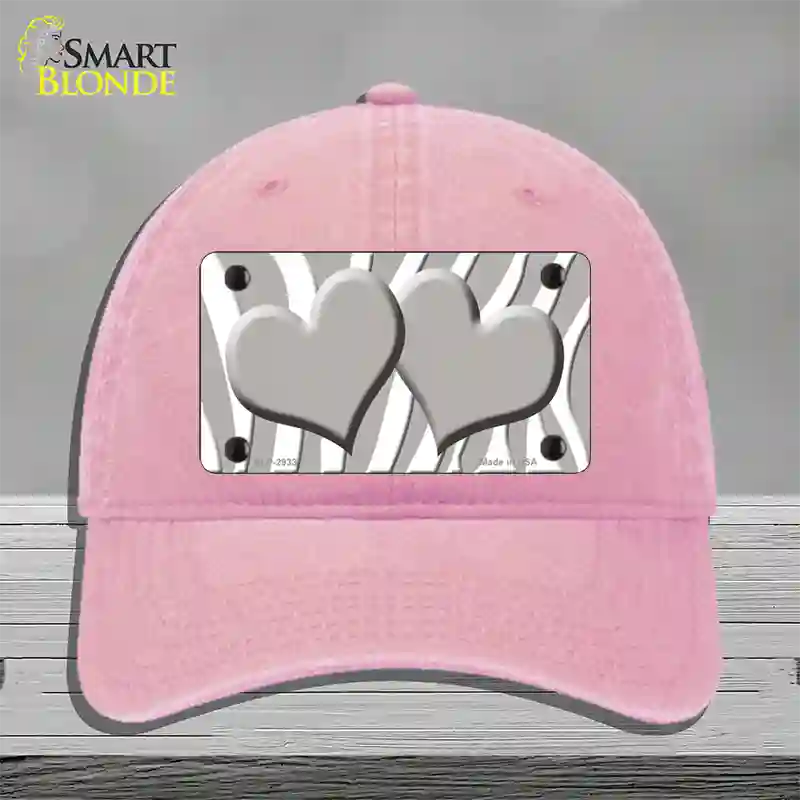 Grey White Zebra Blue Centered Hearts Novelty License Plate Hat Unconstructed Cotton / Pink