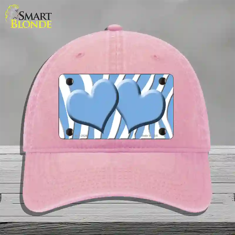 Light Blue White Zebra Light Blue Centered Hearts Novelty License Plate Hat Unconstructed Cotton / Pink