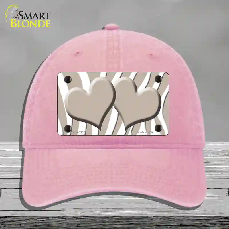 Tan White Zebra Tan Centered Hearts Novelty License Plate Hat Unconstructed Cotton / Pink