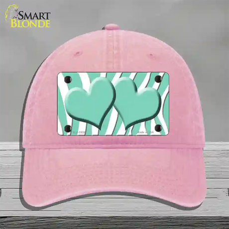 Mint White Zebra Mint Centered Hearts Novelty License Plate Hat Unconstructed Cotton / Pink