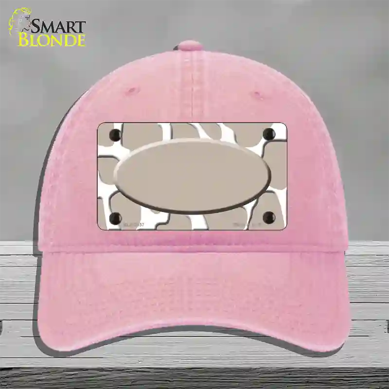 Tan White Giraffe Tan Center Oval Novelty License Plate Hat Unconstructed Cotton / Pink