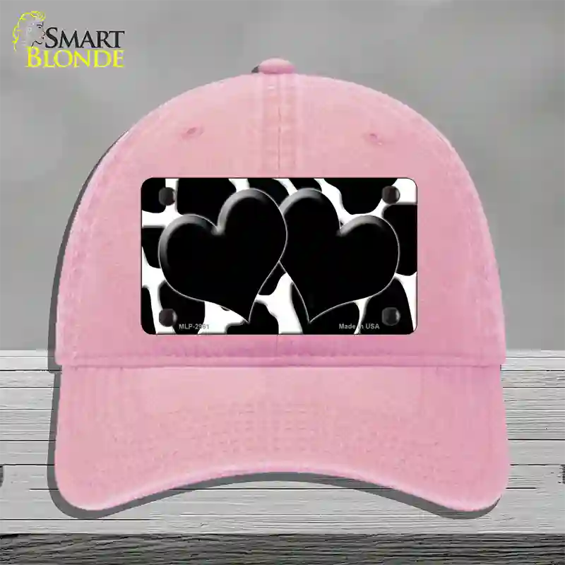 Black White Giraffe Black Centered Hearts Novelty License Plate Hat Unconstructed Cotton / Pink