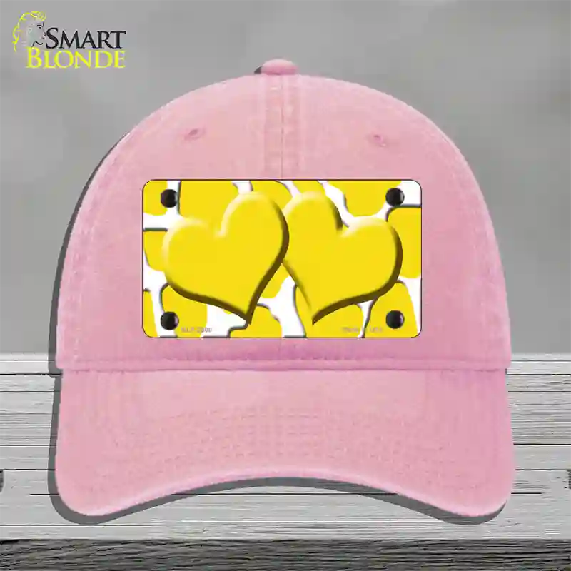 Yellow White Giraffe Yellow Centered Hearts Novelty License Plate Hat Unconstructed Cotton / Pink