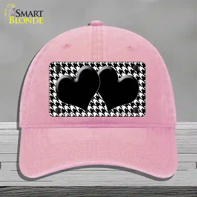 White Black Houndstooth Black Center Hearts Novelty License Plate Hat Unconstructed Cotton / Pink