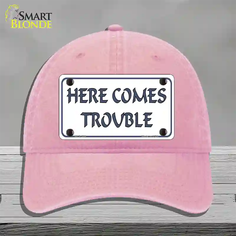 Here Comes Trouble Novelty License Plate Hat Unconstructed Cotton / Pink