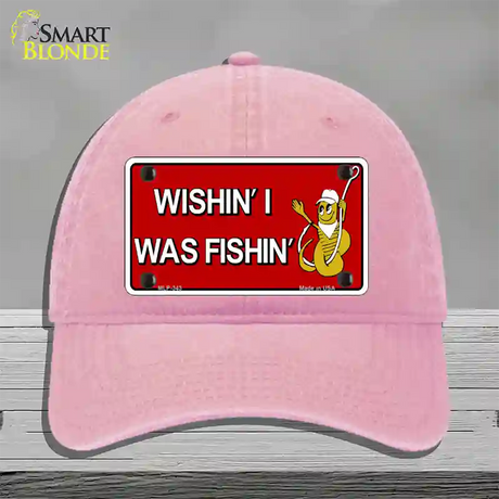 Wishin I Was Fishin Red Novelty License Plate Hat Unconstructed Cotton / Pink