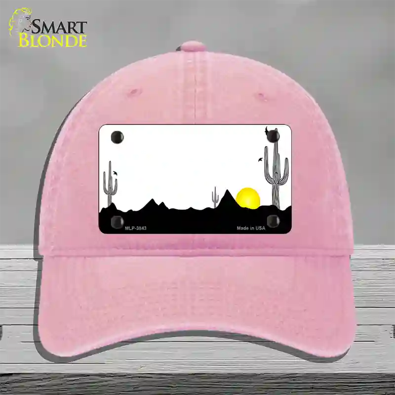 Southwest Cactus Sunrise White Novelty License Plate Hat Unconstructed Cotton / Pink