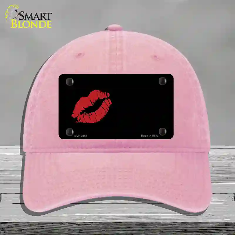 Red Lips Offset Novelty License Plate Hat Unconstructed Cotton / Pink