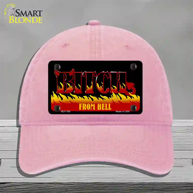 Bitch From Hell Flames Novelty License Plate Hat Unconstructed Cotton / Pink