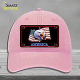 Waving Flag Bald Eagle Black Novelty License Plate Hat Unconstructed Cotton / Pink