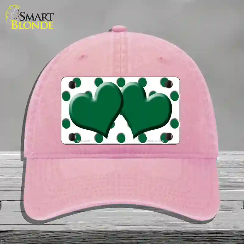 Green White Polka Dot Green Centered Hearts Novelty License Plate Hat Unconstructed Cotton / Pink