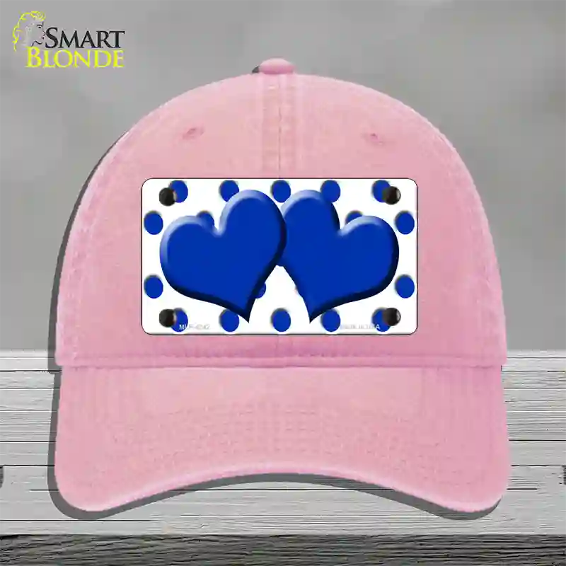 Blue White Polka Dot Blue Centered Hearts Novelty License Plate Hat Unconstructed Cotton / Pink