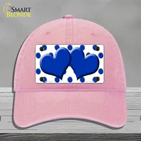 Blue White Polka Dot Blue Centered Hearts Novelty License Plate Hat Unconstructed Cotton / Pink