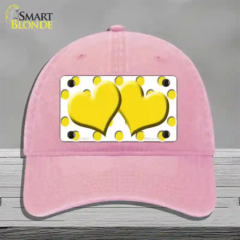 Yellow White Polka Dot Yellow Centered Hearts Novelty License Plate Hat Unconstructed Cotton / Pink