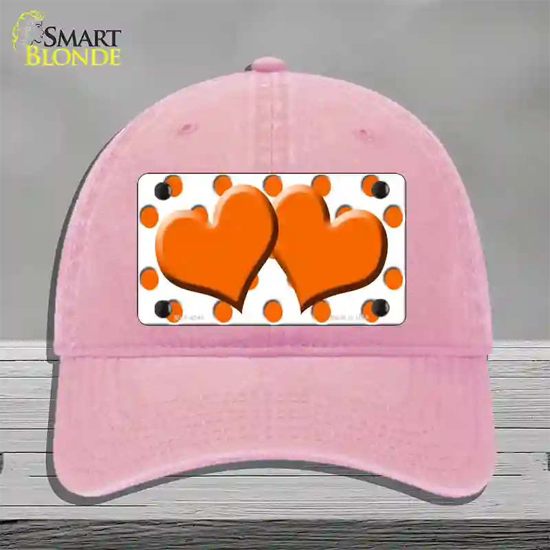 Orange White Polka Dot Orange Centered Hearts Novelty License Plate Hat Unconstructed Cotton / Pink