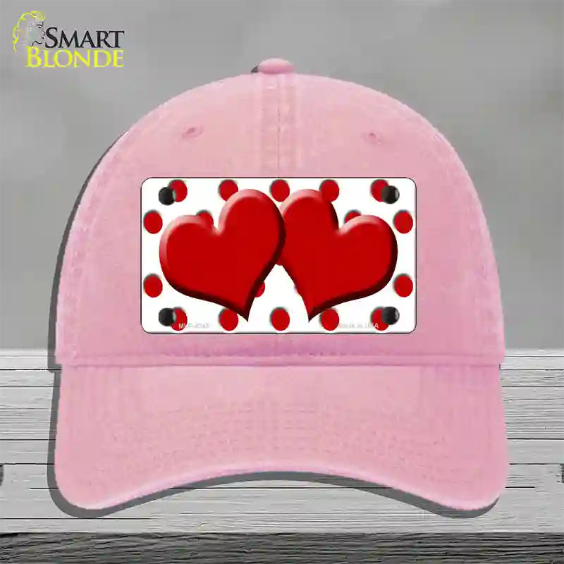 Red White Polka Dot Red Centered Hearts Novelty License Plate Hat Unconstructed Cotton / Pink