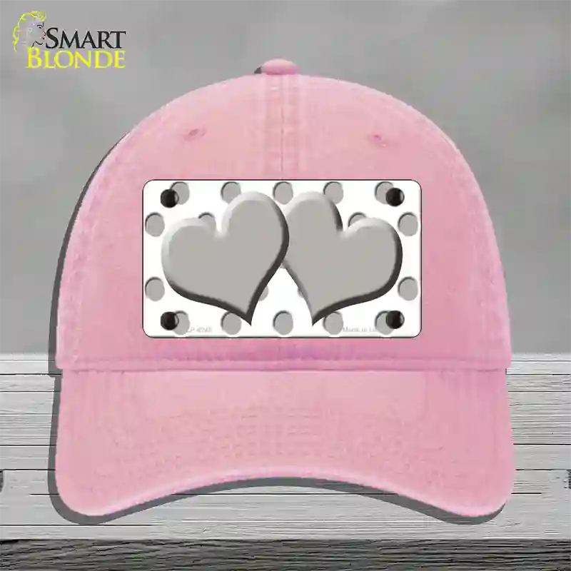 Grey White Polka Dot Grey Centered Hearts Novelty License Plate Hat Unconstructed Cotton / Pink