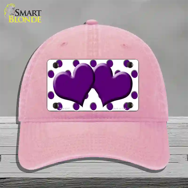 Purple White Polka Dot Purple Centered Hearts Novelty License Plate Hat Unconstructed Cotton / Pink