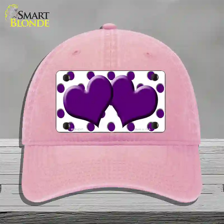 Purple White Polka Dot Purple Centered Hearts Novelty License Plate Hat Unconstructed Cotton / Pink