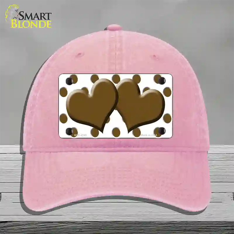 Brown White Polka Dot With Brown Centered Hearts Novelty License Plate Hat Unconstructed Cotton / Pink