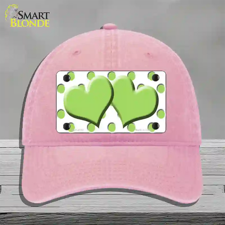 Lime Green White Polka Dot Lime Green Centered Hearts Novelty License Plate Hat Unconstructed Cotton / Pink