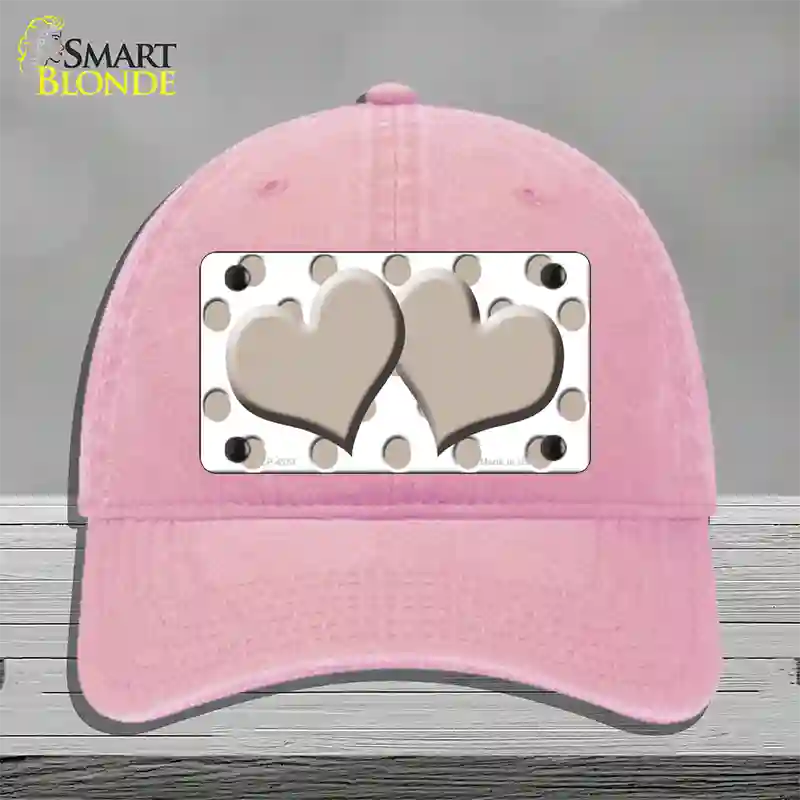 Tan White Polka Dot Tan Centered Hearts Novelty License Plate Hat Unconstructed Cotton / Pink